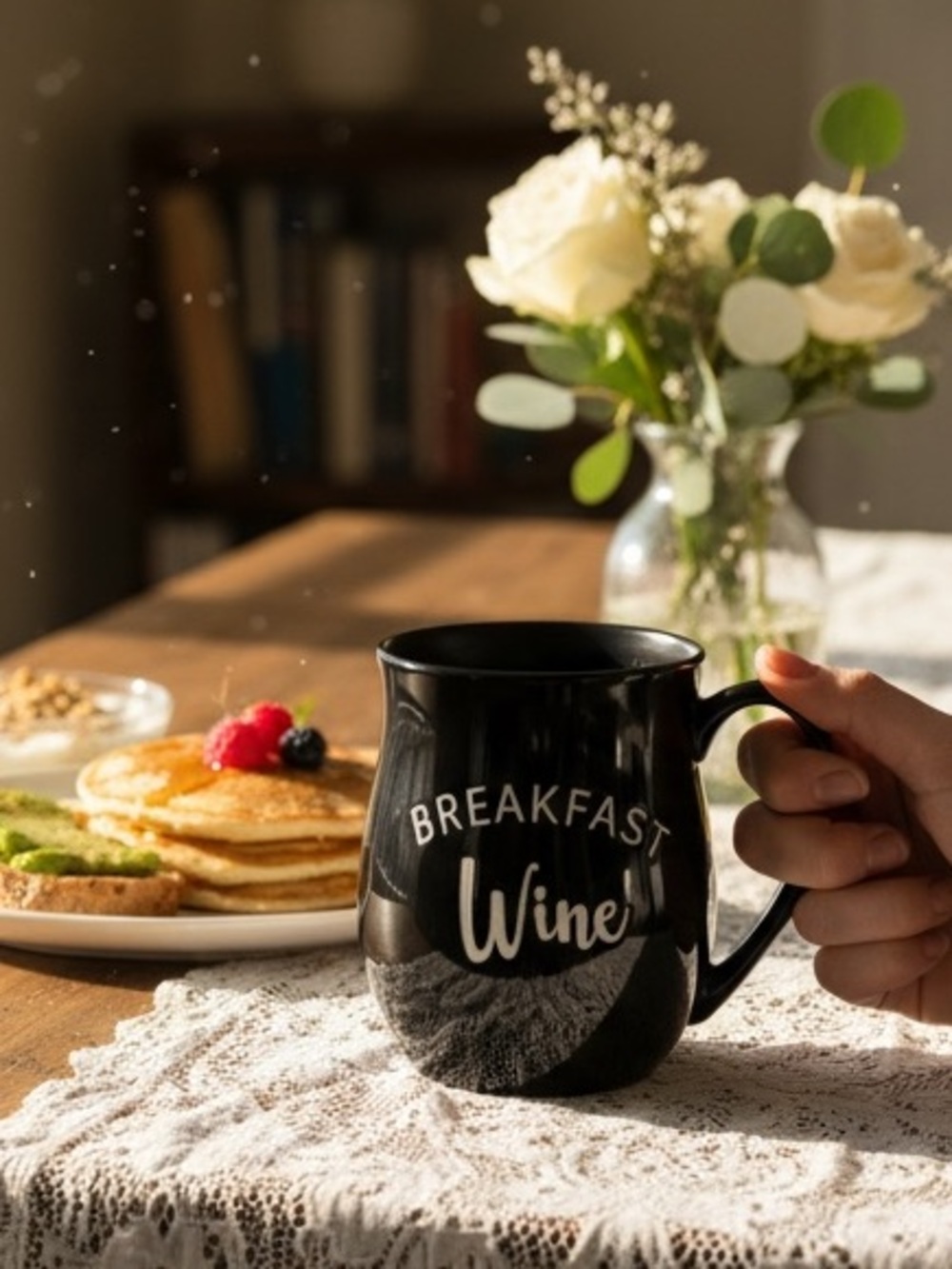 Breakfast Wine Black Ceramic Mug